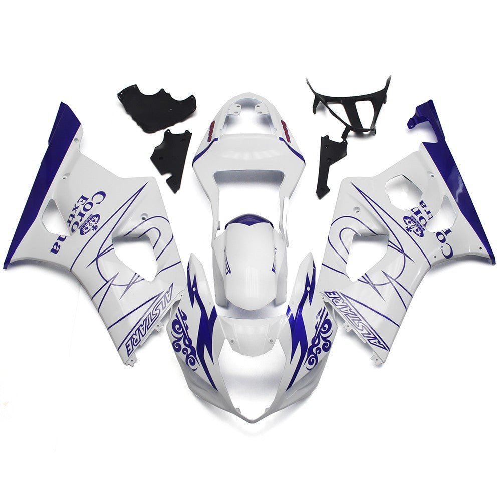 White and Blue Corona Fairing Kit for a 2003 & 2004 Suzuki GSX-R1000 motorcycle