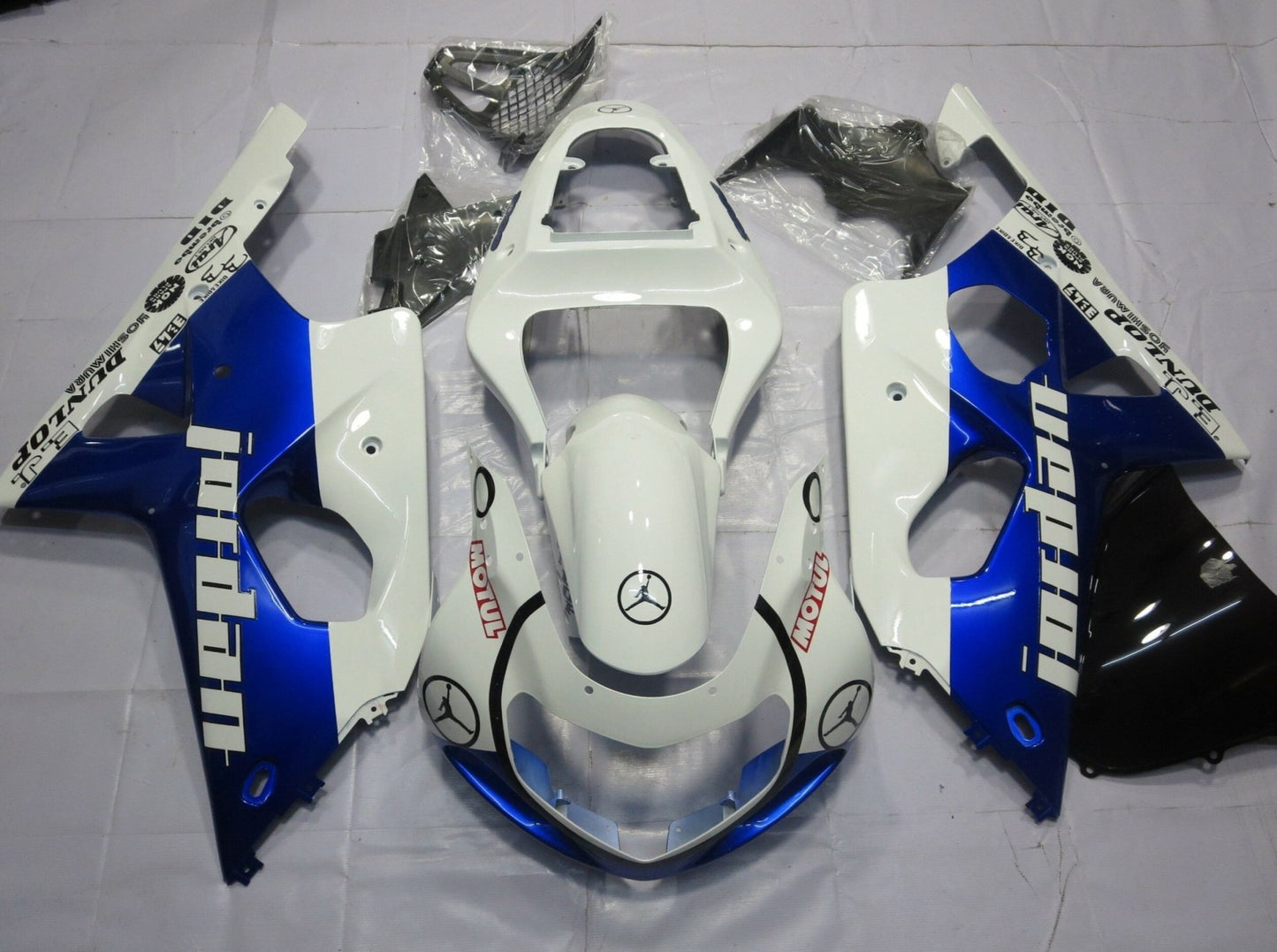 White and Blue Jordan Fairing Kit for a 2000, 2001 & 2002 Suzuki GSX-R1000 motorcycle