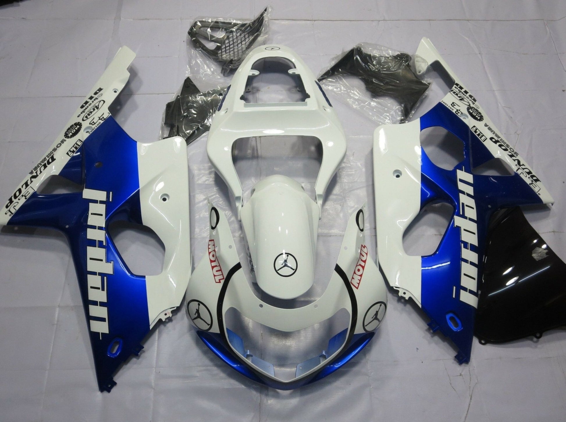 White and Blue Jordan Fairing Kit for a 2000, 2001 & 2002 Suzuki GSX-R1000 motorcycle