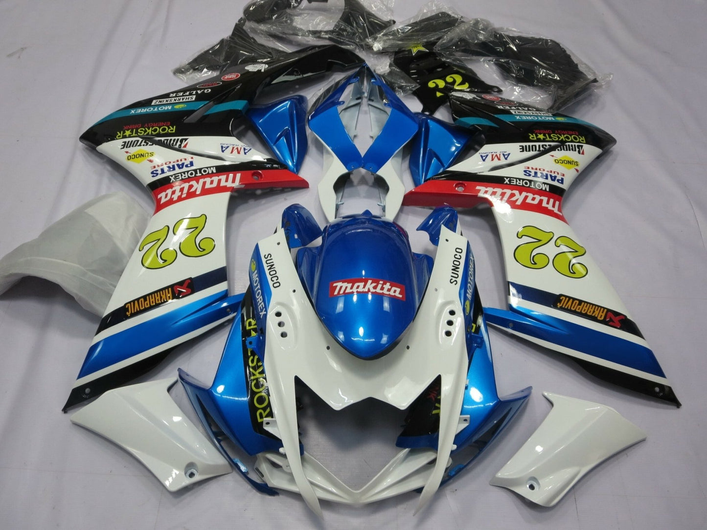 White and Blue Makita 22 Fairing Kit for a 2007 & 2008 Suzuki GSX-R1000 motorcycle