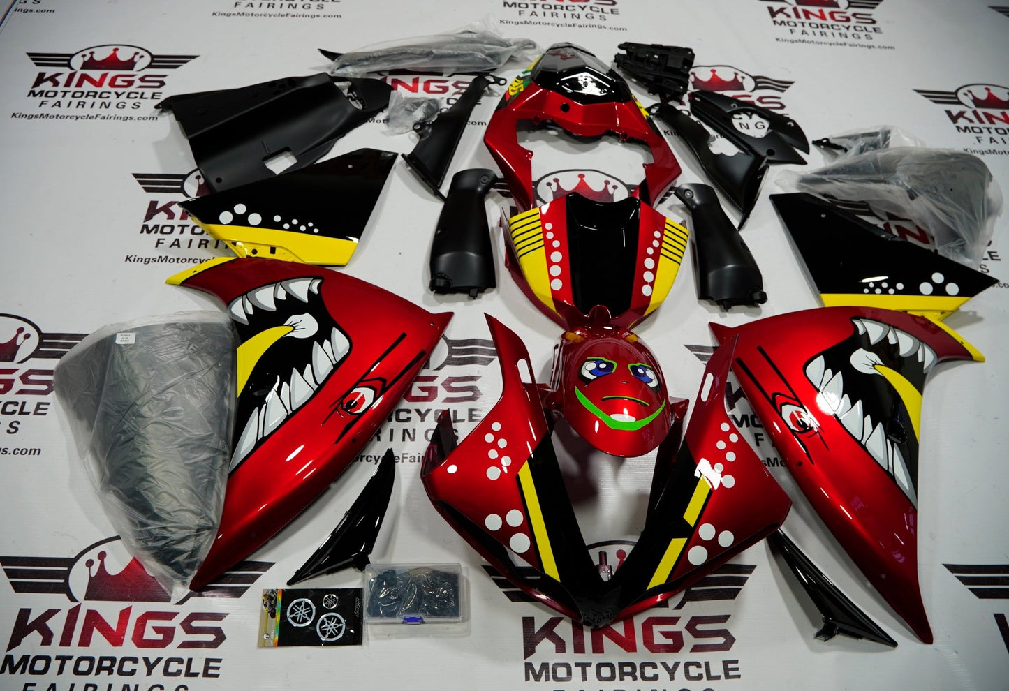 Yamaha YZF-R1 (2009-2011) Candy Red, Black, Yellow & White Shark Fairings at KingsMotorcycleFairings.com.