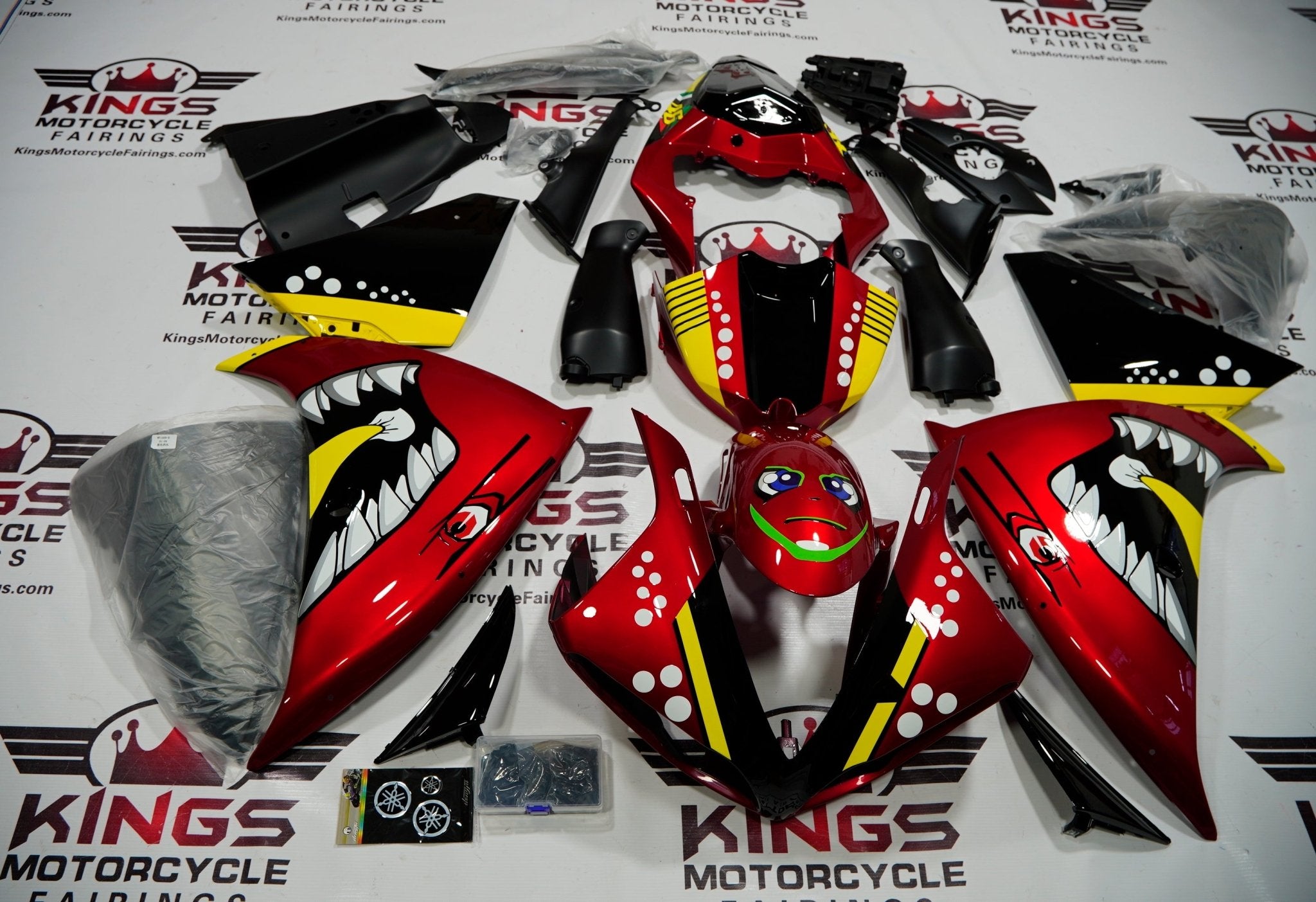Yamaha YZF-R1 (2009-2011) Candy Red, Black, Yellow & White Shark Fairings at KingsMotorcycleFairings.com.