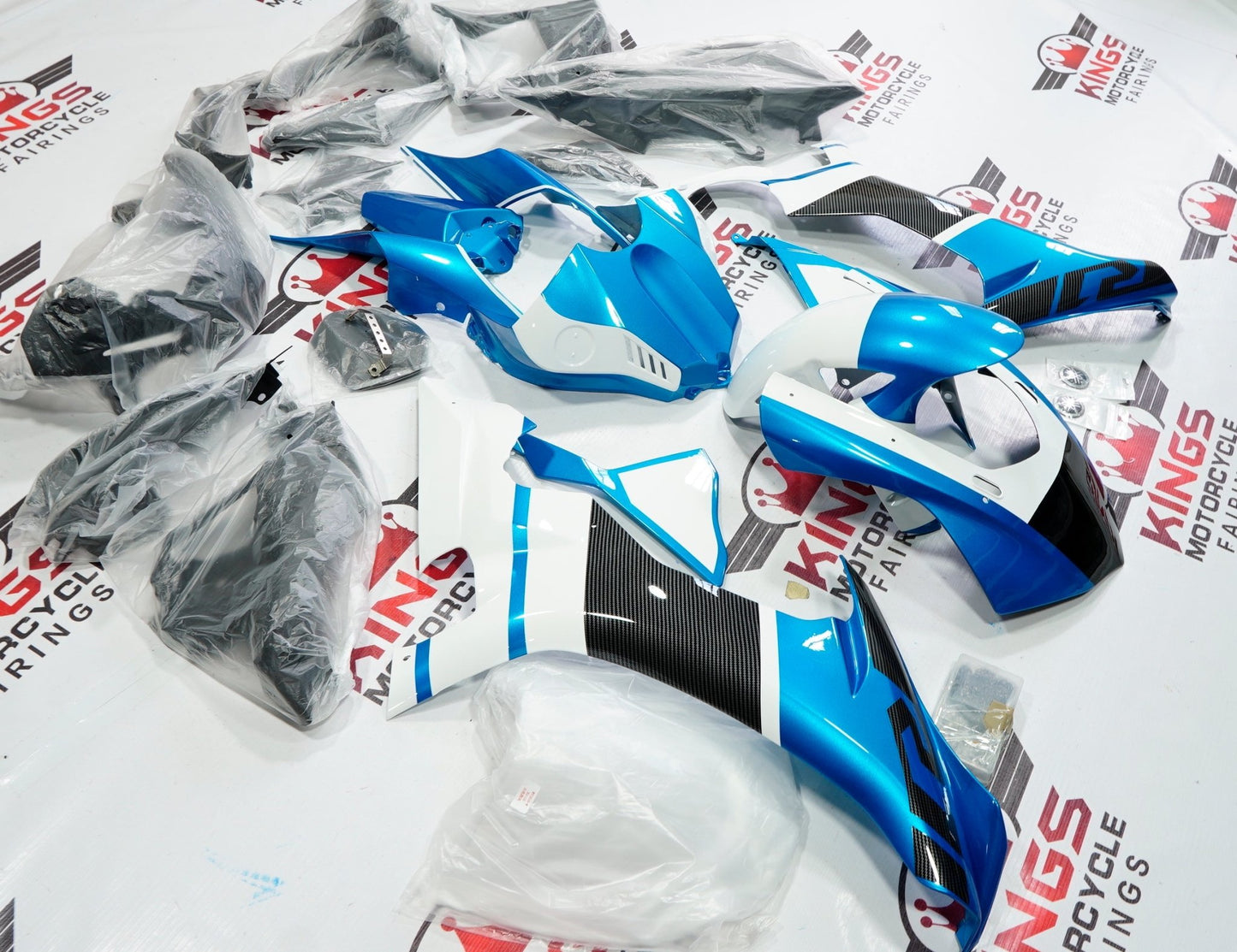 Yamaha R1 Fairing Kit (2015-2019) Blue, White, Faux Carbon Fiber at KingsMotorcycleFairings.com