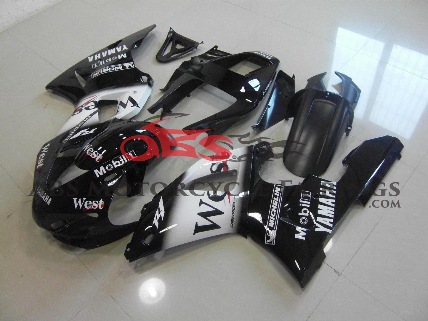 Yamaha R1 Fairings (1998-1999) Black, White West at KingsMotorcycleFairings.com