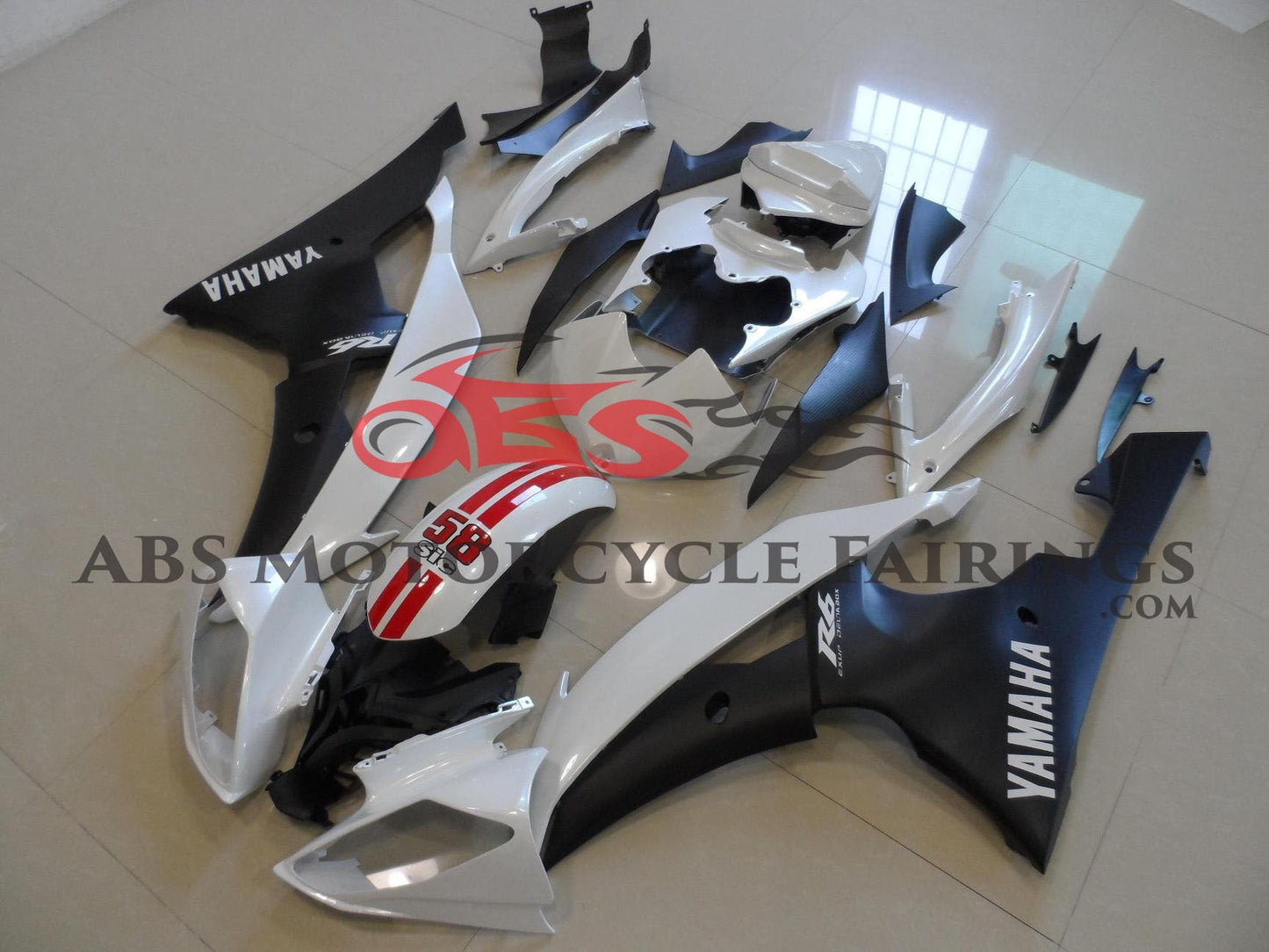 Yamaha R6 Fairings (2008-2016) White, Matte Black, Red Stripe atKingsMotorcycleFairings.com