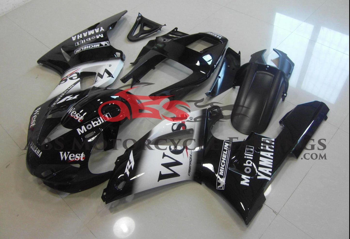 Yamaha YZF-R1 Fairings (1998-1999) Black, White West at KingsMotorcycleFairings.com