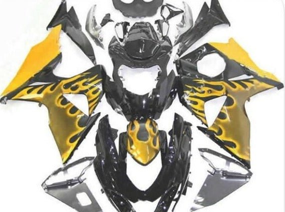 Black and Yellow Flame Fairing Kit for a 2009, 2010, 2011, 2012, 2013, 2014, 2015 & 2016 Suzuki GSX-R1000 motorcycle
