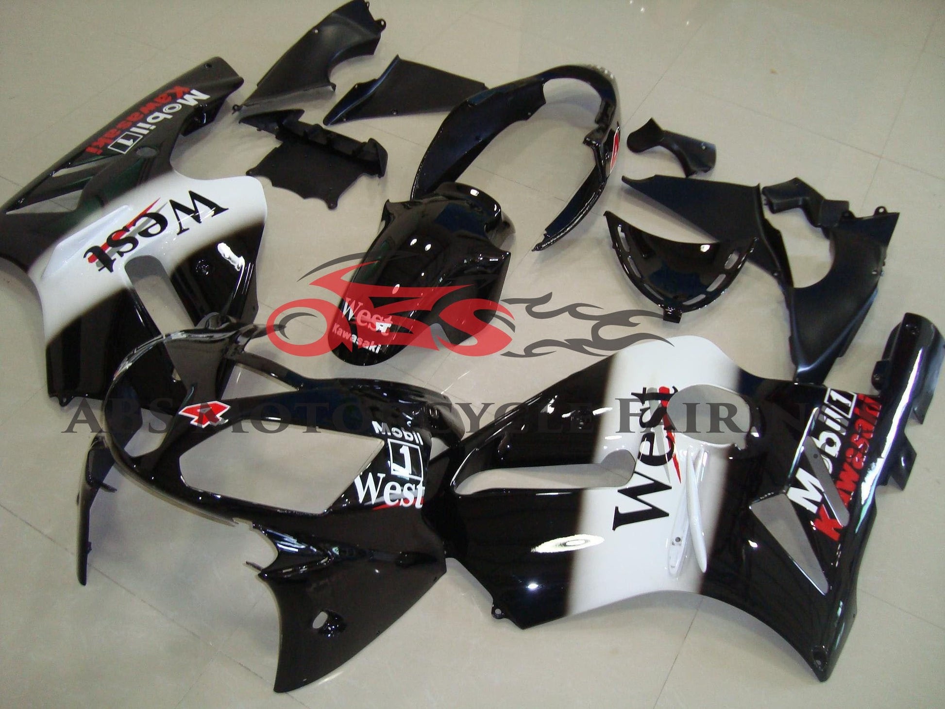 Black, White and Red West Mobil Fairing Kit for a 2000 & 2001 Kawasaki Ninja ZX-12R motorcycle