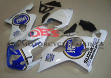 White and Blue Lucky Strike Fairing Kit for a 2004 & 2005 Suzuki GSX-R600 motorcycle